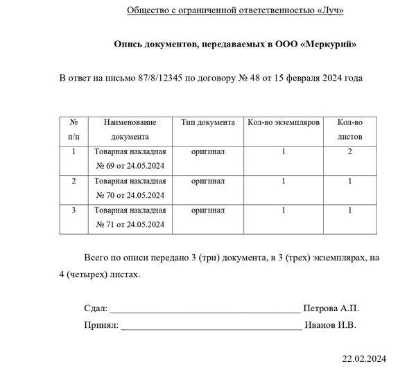 Образец описи документов, подлежащих передаче в другую организацию в 2024 году