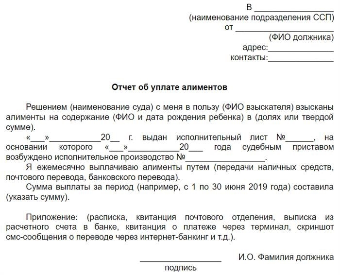 Образец отчета о выплате алиментов