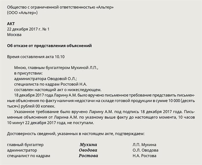 Акт об отказе в предоставлении объяснений