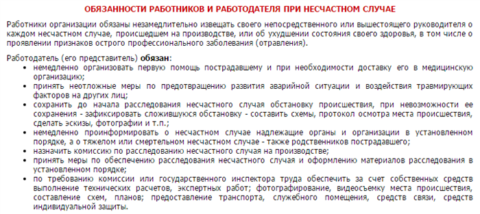 Обязанности работодателя при несчастном случае на производстве