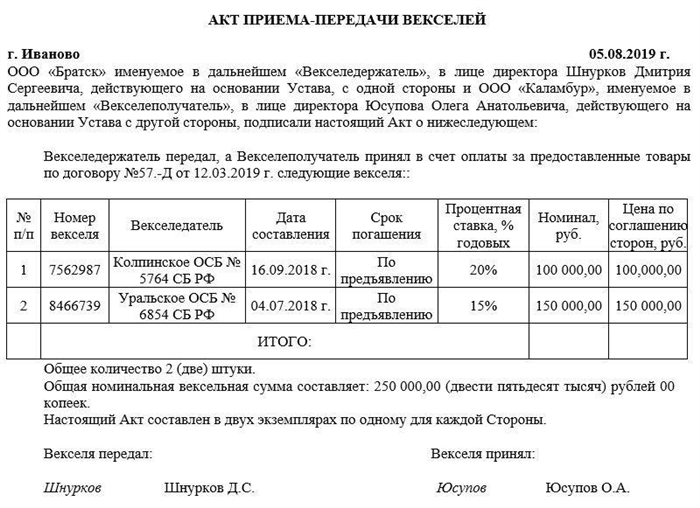 На что обратить внимание при составлении акта о приеме-передаче векселя