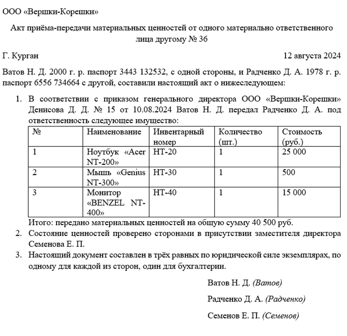 <strong>Объясняем, как правильно составить акт передачи при уходе материально-ответственного лица в отпуск</strong>» /></div>
<p>Как правило, акт передачи создается для фиксации состояния объектов материальной ценности, переданных материально-ответственному лицу, и их дальнейшего использования в период отсутствия на рабочем месте. Данный документ не сертифицируется никакими государственными структурами, однако имеет юридическую силу и может использоваться в случае споров и разногласий.</p>
<h3>Цели акта передачи при уходе материально-ответственного лица в отпуск:</h3>
<ol>
<li>Фиксация состояния объектов материальной ценности, переданных работнику с материальной ответственностью.</li>
<li>Установление ответственности за повреждение или утрату объектов материальной ценности во время отсутствия работника.</li>
<li>Предотвращение возможных споров и разногласий между сторонами в случае неправомерных действий с материальными ценностями.</li>
</ol>
<h3>Структура акта передачи при уходе материально-ответственного лица в отпуск:</h3>
<p>Акт передачи при уходе материально-ответственного лица в отпуск состоит из следующих разделов:</p>
<ul>
<li>Идентификационные данные работника, которому поручена материальная ответственность (ФИО, должность, подразделение и прочее).</li>
<li>Перечень объектов материальной ценности, переданных работнику, с указанием их состояния и количества.</li>
<li>Подписи работника и его непосредственного руководителя, свидетельствующие о передаче объектов материальной ценности и согласовании состояния.</li>
</ul>
<h3>Пример акта передачи при уходе материально-ответственного лица в отпуск:</h3>
<table>
<tr>
<th>№</th>
<th>Наименование объектов</th>
<th>Состояние объектов</th>
<th>Количество</th>
</tr>
<tr>
<td>1</td>
<td>Компьютер</td>
<td>Отличное</td>
<td>1</td>
</tr>
<tr>
<td>2</td>
<td>Принтер</td>
<td>Исправное</td>
<td>1</td>
</tr>
<tr>
<td>3</td>
<td>Офисная мебель</td>
<td>Хорошее</td>
<td>3</td>
</tr>
</table>
<p>Я, нижеподписавшийся, работник ФИО, подтверждаю получение вышеуказанных объектов материальной ценности и несу ответственность за их сохранность и надлежащее использование в период моего отпуска. Я ознакомлен с состоянием объектов и согласен с ним.</p>
<p>Руководитель ФИО</p>
<h2>Как составляется документ</h2>
<h3>1. Определите цель документа</h3>
<p>Перед тем, как приступить к составлению документа, необходимо определить его цель. Четко сформулируйте, какое сообщение или информацию вы хотите передать получателю. Это поможет вам сосредоточиться на основной смысловой нагрузке документа и избежать ненужных деталей.</p>
<h3>2. Опишите факты и аргументы</h3>
<p>В документе важно предоставить объективные факты и аргументы, подкрепленные достоверными источниками. Используйте конкретные цифры, иллюстрации или примеры, чтобы сделать ваши аргументы более убедительными. Это поможет повысить качество вашего документа и убедить получателя принять вашу точку зрения.</p>
<h3>3. Соблюдайте структуру документа</h3>
<p>Важно разделить документ на секции или пункты, чтобы облегчить его чтение и понимание. Структурированный документ поможет получателю быстро найти нужную информацию и легко ориентироваться в тексте. Старайтесь использовать заголовки, списки или таблицы, чтобы визуально выделить разделы и сделать документ более понятным.</p>
<div style=